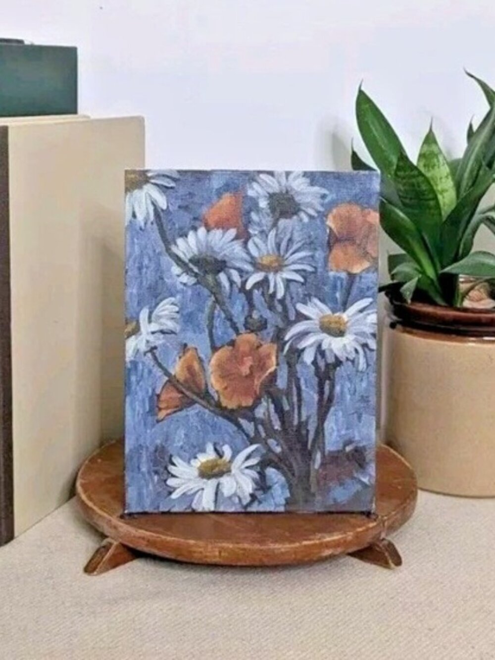 Original Acrylic Floral Painting White Daisies Poppies Hand Painted 6" x 8" ACEO
